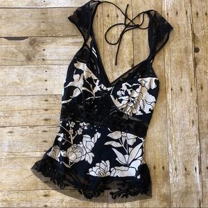 Leyendecker silk black & white beaded blouse Sz 0